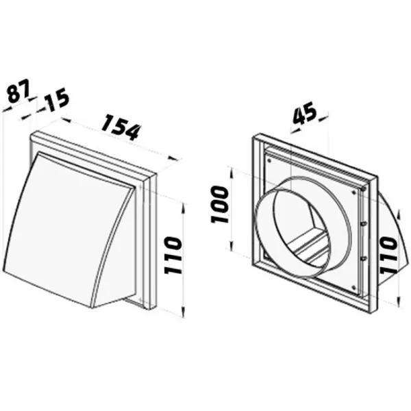 PVC větrací mřížka se stříškou, přírubou a klapkou 154x154 mm / Ø 100 mm, bílá DALAP 2021