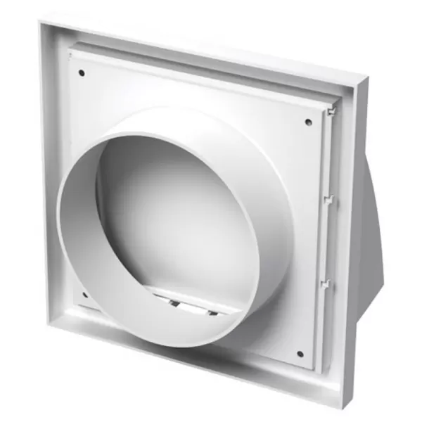 PVC větrací mřížka se stříškou, přírubou a klapkou 186x186 mm / O 150 mm, bílá DALAP 2024