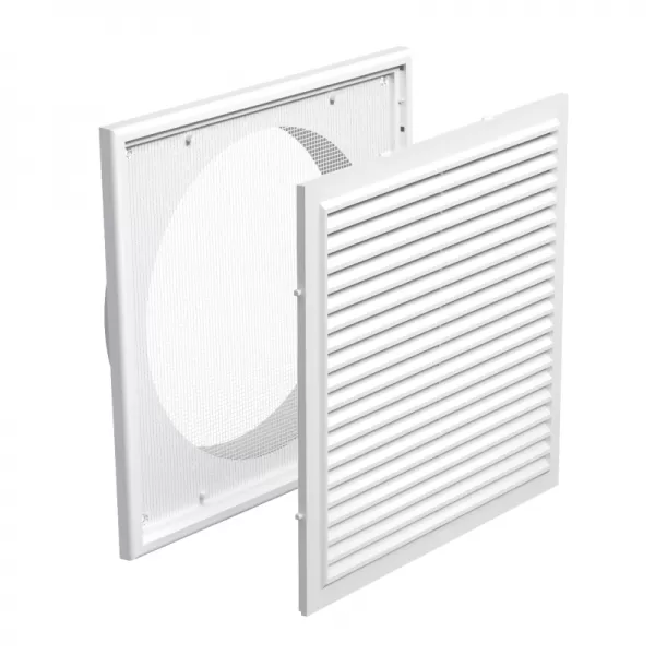 PVC větrací mřížka se síťkou, pevnou žaluzií 250x250 mm a přírubou Ø 150 mm, bílá DALAP 241