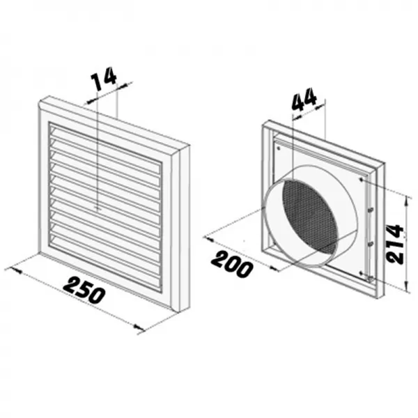 PVC větrací mřížka se síťkou, pevnou žaluzií 250x250 mm a přírubou O 200 mm, bílá DALAP 242