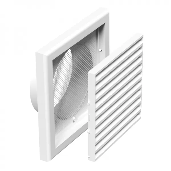 PVC větrací mřížka se síťkou, pevnou žaluzií 186x186 mm a přírubou Ø 125 mm, bílá DALAP 3190