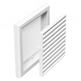 PVC větrací mřížka bez příruby s pevnou žaluzií a síťkou 154x154 mm, bílá DALAP 3245