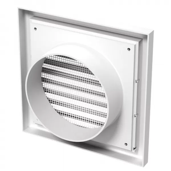 PVC větrací mřížka se síťkou, pevnou žaluzií 154x154 mm a přírubou Ø 100 mm, bílá DALAP 3252