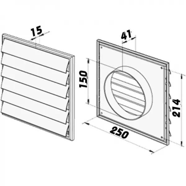 PVC větrací mřížka s přírubou a samotížnou žaluzií, 250x250 mm / Ø 150 mm, bílá DALAP 3249