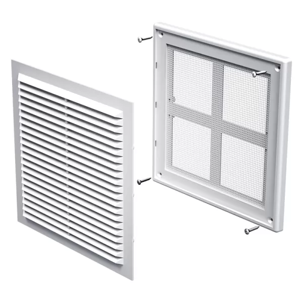 PVC větrací mřížka bez příruby s pevnou žaluzií a síťkou 204x204 mm, bílá DALAP 3251