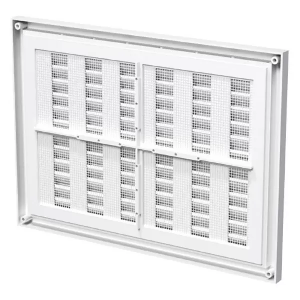 PVC větrací mřížka bez příruby s pevnou žaluzií a síťkou 221x299 mm, bílá DALAP 4755