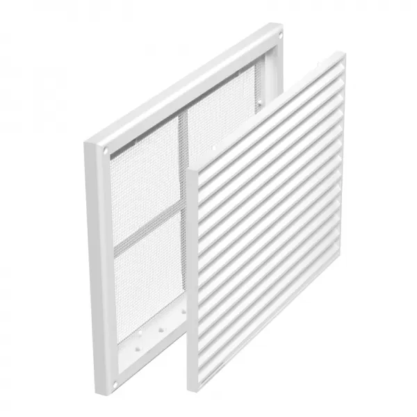 PVC větrací mřížka bez příruby s pevnou žaluzií a síťkou 221x299 mm, bílá DALAP 4755