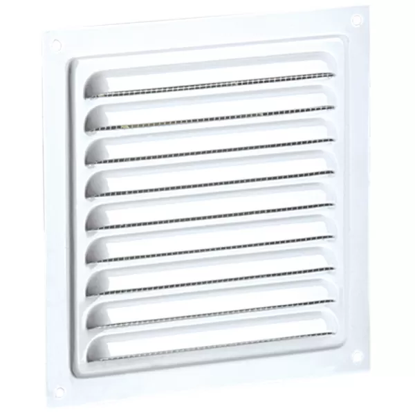 Kovová ventilační mřížka bez příruby s pevnou žaluzií a síťkou 200x200 mm, bílá DALAP 548
