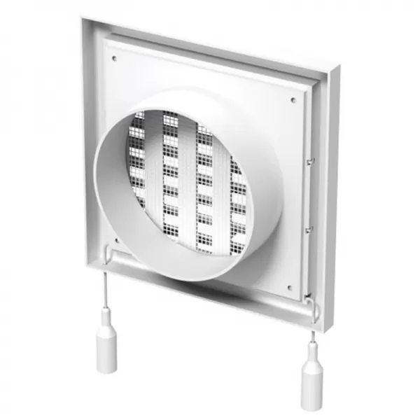 PVC větrací mřížka s mechanicky ovládanou žaluzií 186x186 mm a přírubou O 125 mm, bílá DALAP 8505