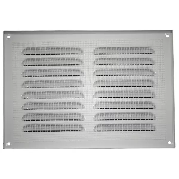 Kovová ventilační mřížka bez příruby s pevnou žaluzií a síťkou 215x150 mm, bílá DALAP 90243