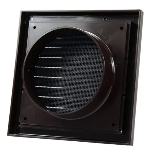PVC větrací mřížka se síťkou, pevnou žaluzií 186x186 mm a přírubou Ø 150 mm, hnědá DALAP 9710