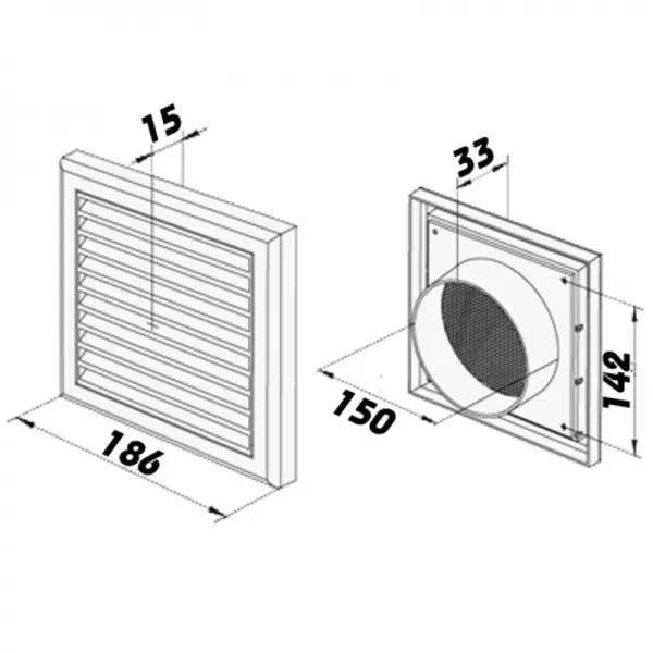 PVC větrací mřížka se síťkou, pevnou žaluzií 186x186 mm a přírubou Ø 150 mm, hnědá DALAP 9710