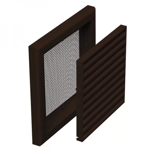 PVC větrací mřížka bez příruby s pevnou žaluzií a síťkou 154x154 mm, hnědá DALAP 9707