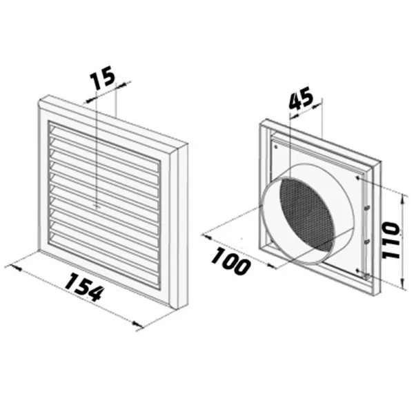 PVC větrací mřížka se síťkou, pevnou žaluzií 154x154 mm a přírubou O 100 mm, hnědá DALAP 9706