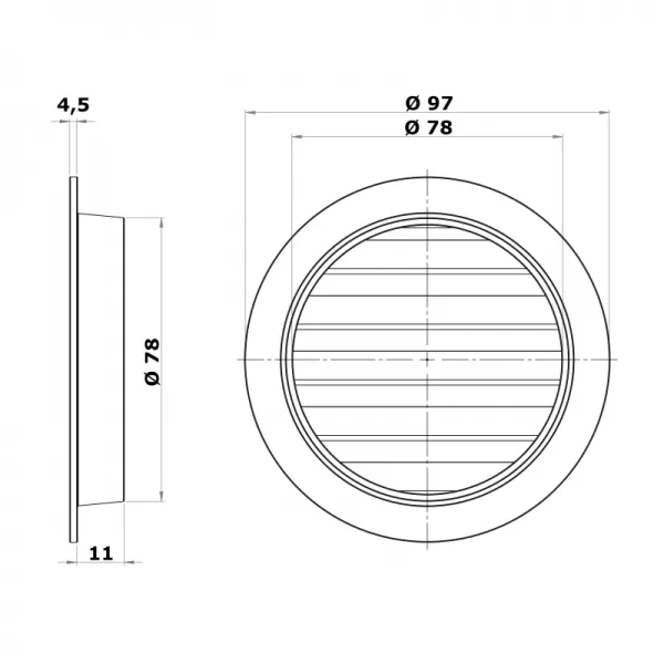 Kovová větrací mřížka Ø 80 mm s přírubou a síťkou proti hmyzu DALAP 99990