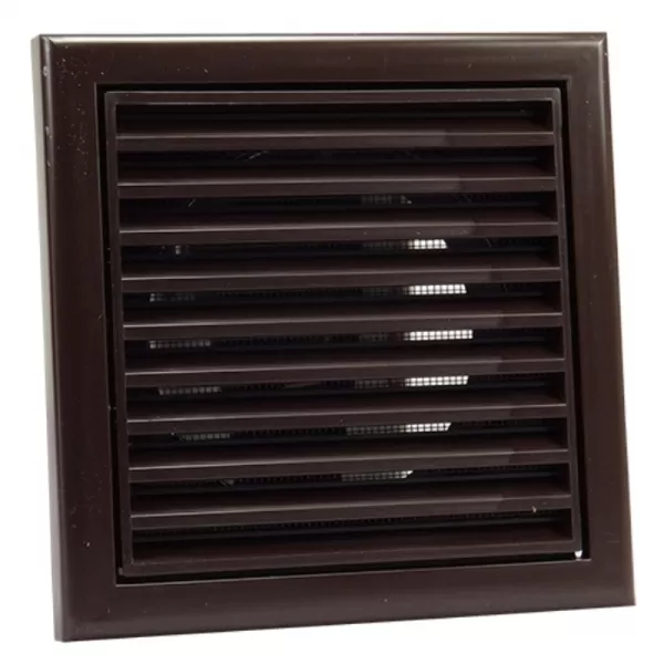 PVC větrací mřížka se síťkou, pevnou žaluzií 186x186 mm a přírubou Ø 125 mm, hnědá DALAP 8680